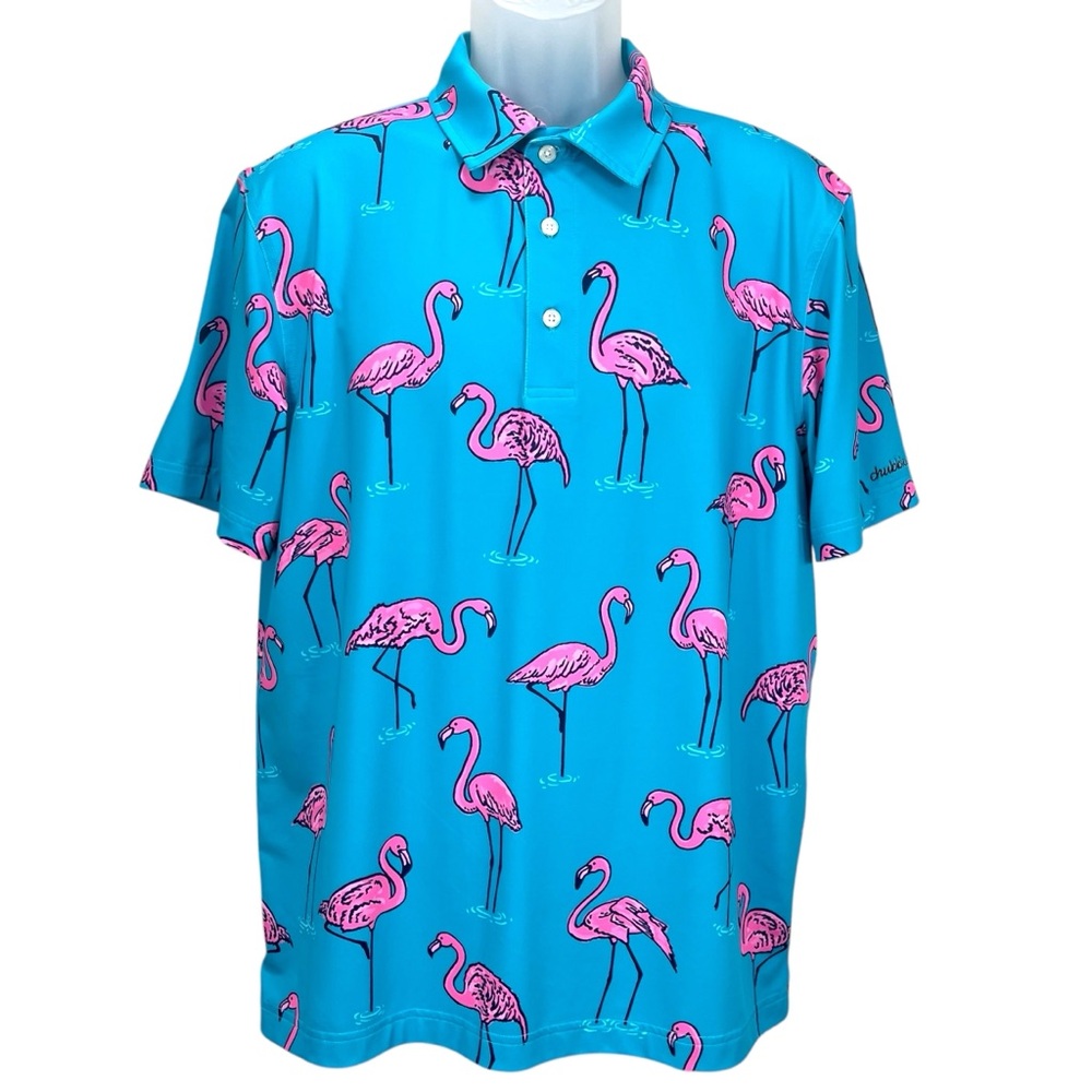 Chubbies Men’s Medium Flamingo Print Polo Shirt Blue Pink Performance‎